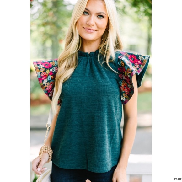 THML Tops - THML It's All You Teal Blue Embroidered Blouse Size XS